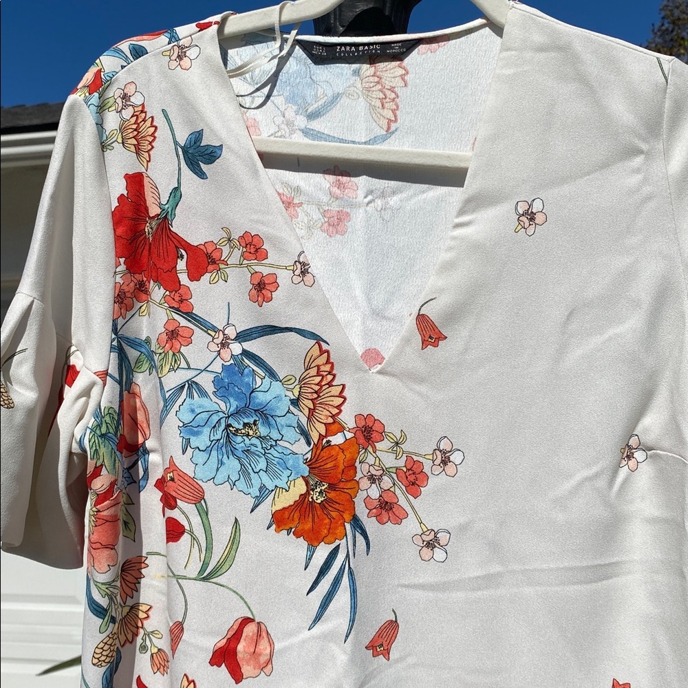 ZARA BASIC FLORAL SHIFT DRESS Size L NWT CREAM MULTICOLOR SHORT SLEEVE - Picture 4 of 14